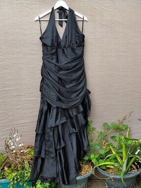 Black Halter Ruched Satin Dress